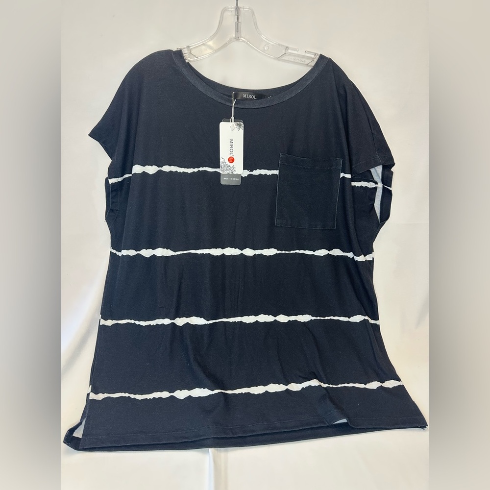 MIROL black/white striped batwing T-Shirt With Pocket NWT XL